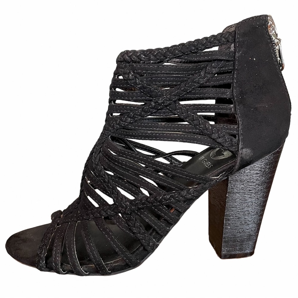 G BY GUESS Strappy Black Heels Formal Braided Faux Suede Silver Hardware…